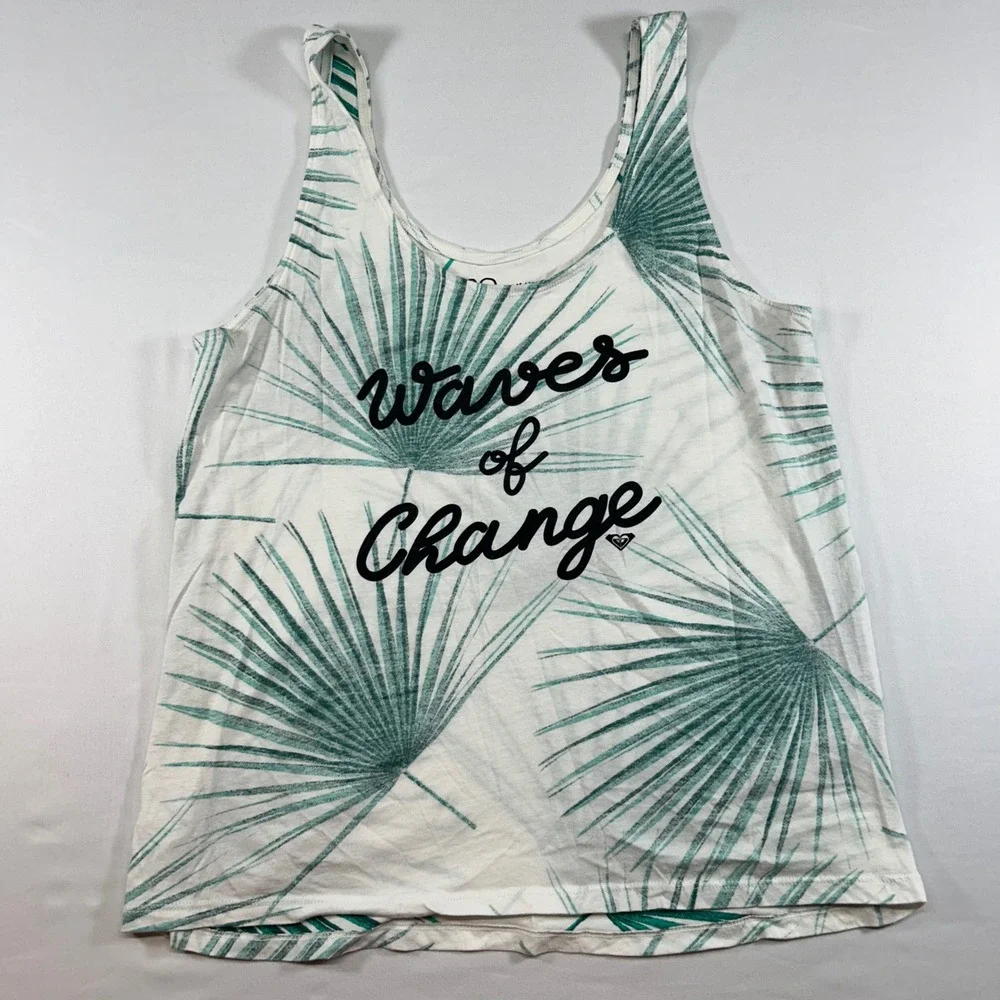 Roxy Womens Medium White Green Palm Leaf Graphic Tank Top Waves of Change